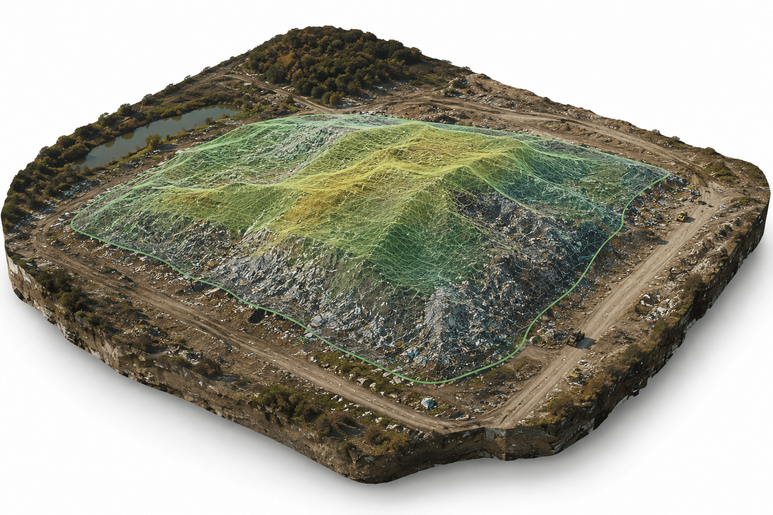 Oblique 3D rendering of a landfill site with an outlined, color-shaded assessment area.